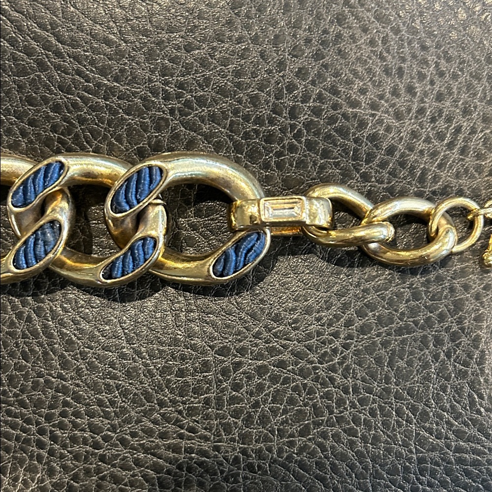 Anne Taylor Chunky Gold and Blue Fabric Chain Bracelet with two clear stones - Picture 5 of 6
